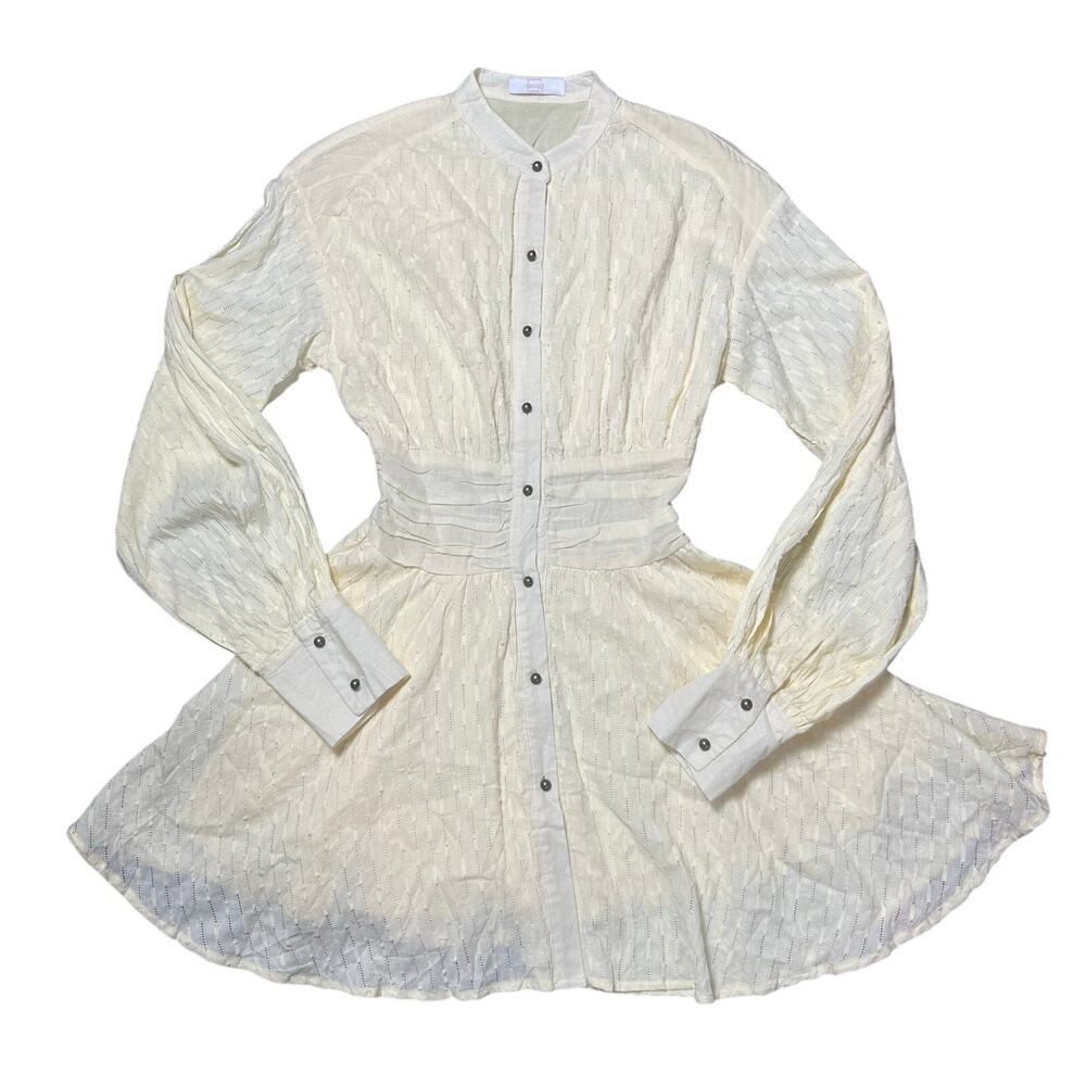Occult Fashion Cream Button Front Long Sleeve Gathered Waist Dress